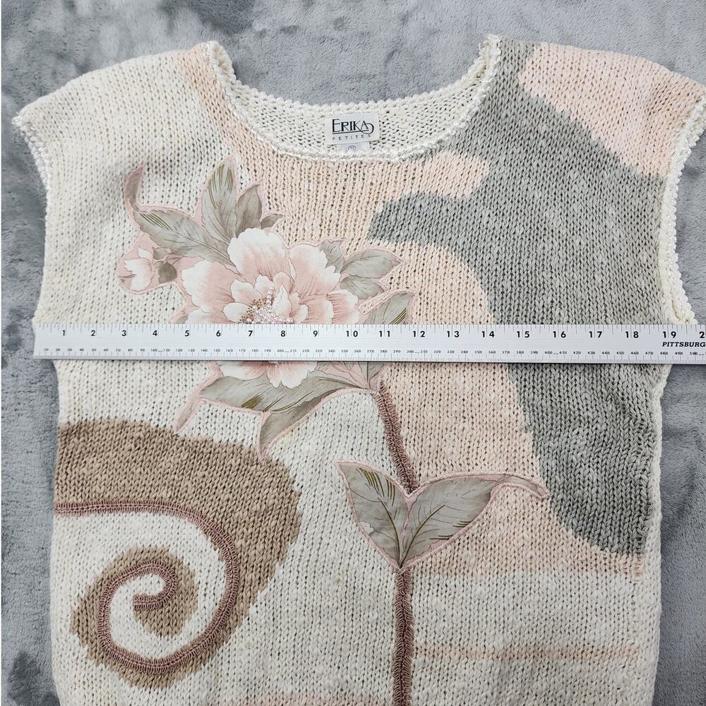 Vintage Erika Sweater Womens S‎ Beige Linen Floral Pearls Beaded Short Sleeve - Picture 6 of 8